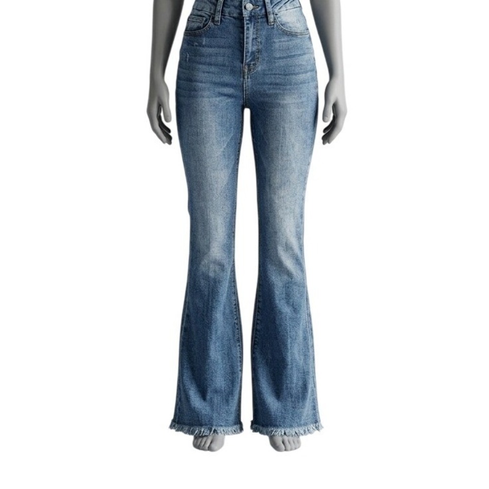 Bridge by Gly High Rise Super Flare Jeans‎ Blue Frayed Raw Hem Size 24